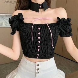 Women's Tanks Camis Womens T-shirts Slim Fitting Tie upace up Fashion Sexy Top Wood Ear Edge Lapel Sweet Blouse Y240403