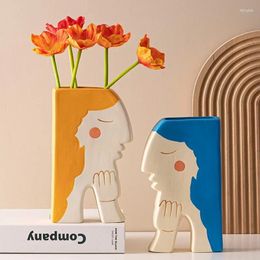 Vases Nordic Creative Face Hand-painted Ceramic Vase Home Decor Living Room Girl Figure Sculpture Jarrones Decorativos Moderno