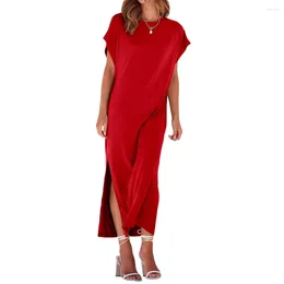 Casual Dresses Women's Summer Oversized Beach Dress Solid Color Loose Round Neck Long Short Bat Sleeve O Split