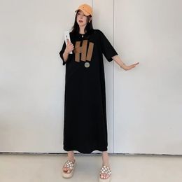 Summer Women Mid Dresses Oversized Loose Short Sleeve Long Dress Round Neck Korean Style Casual Fashion Female Clothing 240408
