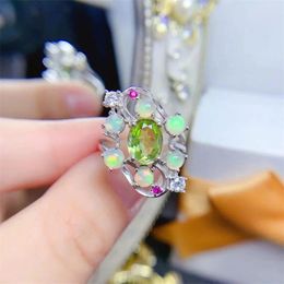 Cluster Rings Natural Peridot Opal Ring 925 Silver Korean Style Engagement For Women Ruby Aqumarine Anniversary Gift