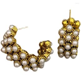 Hoop Earrings 925 Silver Needle Retro Gold Plated Pearl Trendy Metal C-shaped Earring Jewelry Small Women's French Style