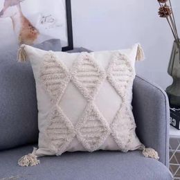 Pillow Ivory Cotton Linen Square Boho Cover Handmade Sofa Tassel Case 45x45cm Nordic Home Decor Ramadan Gift