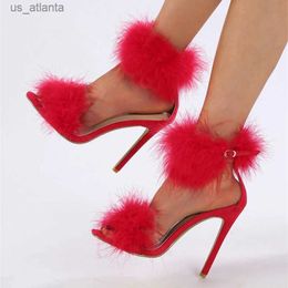 Dress Shoes Liyke Summer Fashion Faux Fur Ankle Strap Sandals Women Open Toe Fluffy Feather High Heels Party Sandalias De Mujer H240403