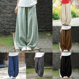 Women's Pants Cotton Linen Trousers Summer Women Straight Flowy Solid Color Elastic Waist Wide Leg Vintage Palazzo Pantalones