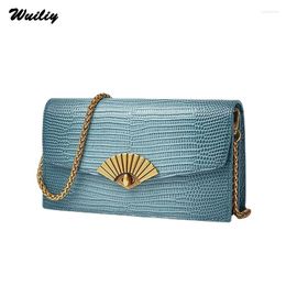 Shoulder Bags Women's Mobile Phone Retro First Layer Cowhide Lizard Pattern Ladies Bag Fan-shaped Lock Female Solid Embossed Messenger