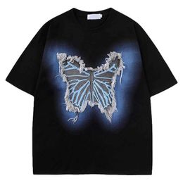 Men's T-Shirts Harajuku Streetwear T Shirt Embroidery Butterfly Patch Cotton Tshirt Men Hip Hop Casual Loose Tee Shirts 2023 Summer Fashion Top J240402