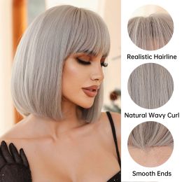 Short Bob Synthetic Wigs Straight Grey Cosplay Wig with Bnags for Women White Blonde Hair Heat Resistant Party Use Lolita Hair