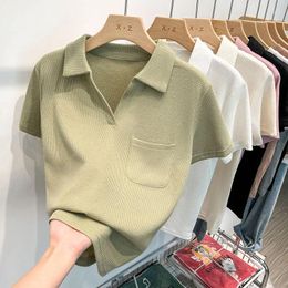 Women's T Shirts Summer One Pocket Polo Collar T-Shirts 2024 Green Short Sleeve Casual Fashion Bottom Korean White Tops Female