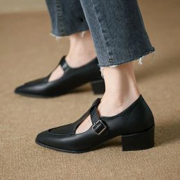 Pumps Spring Autumn 4cm Heeled Shoes Lady Mid Chunky Leather Pumps Shoes Women Classic T Pointed Toe Heels