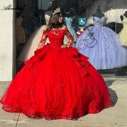 Red Colour Boat Neck Full Sleeves Ball Gown Quinceanera Dresses Beading Pearls Beading Embroidery Appliques Lace Floor-length Formal Dress Birthday Gowns