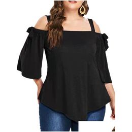 Womens Plus Size T-Shirt Elegant And Youth Black Summer Blouses Casual Spaghetti Strap Bare Shoder T Shirts With Bow Cott H3Vj Drop De Dh5Le