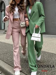 KONDALA Office Lady Solid Women Suits 2 Pieces V Neck Long Sleeve Oversized BlazerHigh Waist Wide Leg Pants Vintage Sets 240326