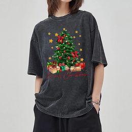 American Christmas Tree Print Black TShirt Womens Washed Denim Short Sleeve Loose Oversized Cotton Top Casual Comfortable 240403