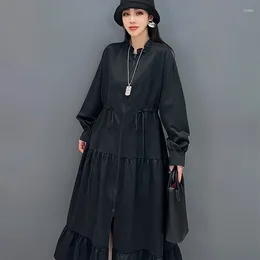 Women's Trench Coats Spring Autumn Zipper Coat Dress For Women Black Solid Colour Long Stand Collar A Line Outfit Carigan Waist Jacket