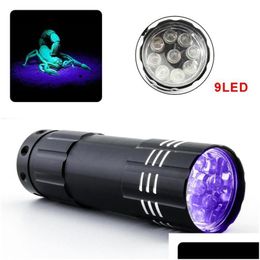 Night Lights Mini Uv Led Flashlight Violet Light 9Led Torch Lamp Battery Traviolet Flash For Anti-Fake Money Detector Urine Scorpion Dhbkz