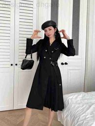 Basic & Casual Dresses designer 2023 Autumn/Winter New Metal Letter Logo Double breasted Waistband Side Pleated Suit Collar Long Sleeve Dress 2CXS