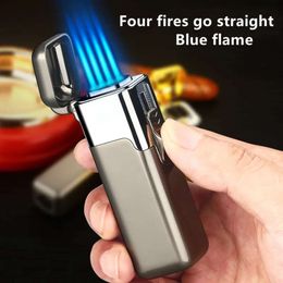 Creative Strong Firepower Butane Without Gas Lighter Turbo 4 Torch Blue Flame High Pressure Jet Straight Cycle Cigar Lighter Men's Gift