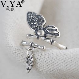 Rings V.YA Adjustable Butterfly Ring S925 Sterling Silver Open Ring For Women Bamboo Design Creative Female Jewelery Gift