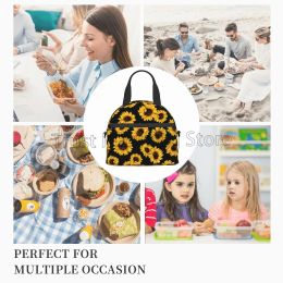 Sunflower Black Lunch Bags for Women Girls Portable Insulated Bento Tote Bags with Adjustable Strap for Work Travel Picnic Beach