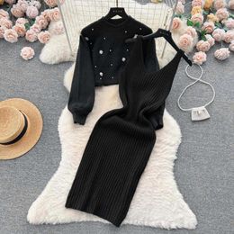 Work Dresses Two Pieces Knitted Sweater And Woolen Dress Women's Elegant Round Neck Studded Beads Casual Solid Long Skirt Suit 2024 Spring