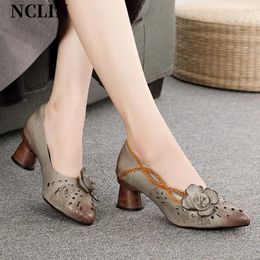 Dress Shoes 2024 Spring/Summer Genuine Leather Women's Chunky Heel Pointed Toe Hollow Single Women Pumps Zapatos Mujer