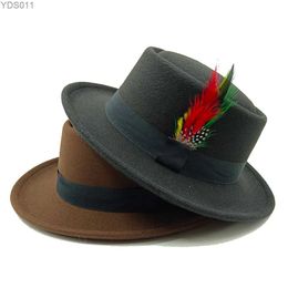 Wide Brim Hats Bucket Fedora Small Eaves Flat Top Bow Knot Feather Mens Felt Hat Pork Pie Black Sombreros yq240403