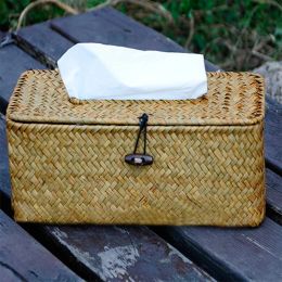 Woven Rattan Rectangular Tissue Box Cover Vintage Paper Towel Storage Holder Facial Tissue Napkin Dispenser Container