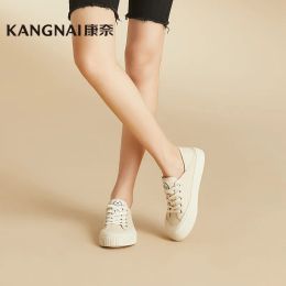 Slippers Kangnai Sneakers Women Shoes Genuine Leather Round Toe Laceup Flats High Top Skateboarding Female Casual Shoes