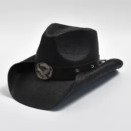 Berets Men's Vintage Western Cowboy Hat Handmade Straw Weaving Beach Sun Gentleman Cowgirl Jazz Sombrero Hombre