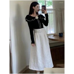 Work Dresses Elegant Skirt Set 2 Piece Sets For Women Knitted Top Vintage High Waist A-Line Skirts Slim Spring Autumn Fashion Female D Dhbrv