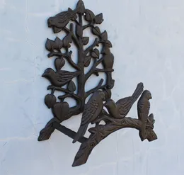 Hooks Wall Mounted Cast Iron Garden Hose Hanger Rack With Bird Ornament And Tree Branch Design
