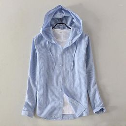 Men's Casual Shirts Cotton And Linen Hooded Long-sleeved Shirt Solid Sky Blue Men Fashion Top Male Camisa Masculina Chemise