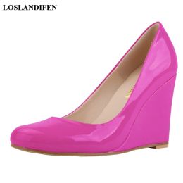 Pumps Candy Colours Dress Wedge Shoes For Women Round Toe Patent Leather Casual High Heels Pumps Spring Shallow Work Wedding Shoe Woman