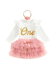 Clothing Sets Infant Baby Girl 1st Birthday Clothes Set Long Sleeve Romper Bodysuit Cake Smash Outfits With Headband