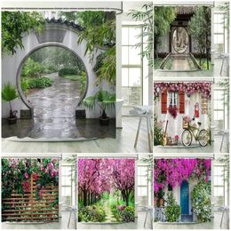 Shower Curtains Garden Landscape Chinese Style Arched Door Green Plants Fence Pink Flowers Waterproof Bathroom Decor With Hooks