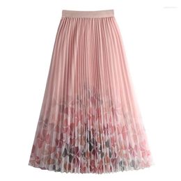 Skirts TIGENA Tulle Long Skirt For Women 2024 Spring Summer Korean Sweet Floral Print A Line High Waist Pleated Midi Mesh Female