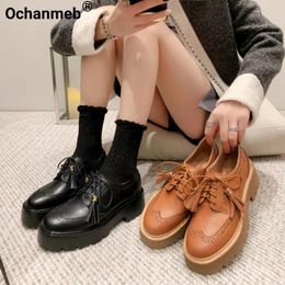 Casual Shoes Ochanmeb Genuine Cow Leather Brogue Women Chunky Heel Platform Tassel British England Lace-up Oxford Derby Shoe Lady Daily