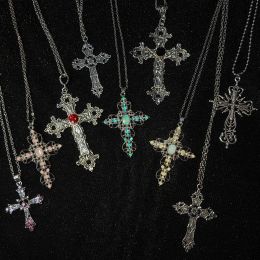 Colares de pingentes cruzados de cristal punk y2k para homens homens góticos colares de corrente de clavícula cruzada gótica jóias estéticas
