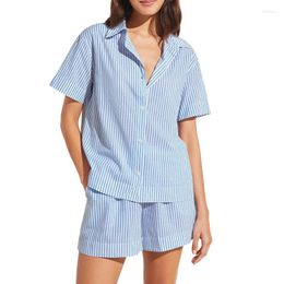 Home Clothing Beach Holiday Outfits Women's Summer Loungewear Set Stripe Print Short Sleeve Lapel Button T-Shirt Blouse Shorts Sleepwear