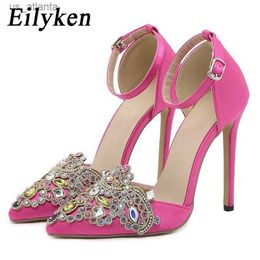 Dress Shoes Rose Red Wedding Banquet Women Pumps Crystal Pointed Toe High Heels Sandals Sexy Buckle Strap Summer H240403FHHM