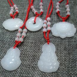 Buddhist White Jade Hand Woven Pendant Necklace Lotus Guanyin Buddha Long Life Lock Pendant Lucky Necklace