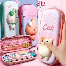 Cases Adorable 3D Pencil Case Stationery Organizer School Supplies for Girls EVA Pink Pen Pouch Holder Kawaii Eraser Bag Squishy Cat