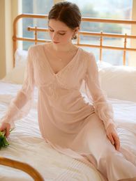 Women's Sleepwear Women 2024 French Spring Long Sleeve Silk Pyjama Nighty Dress Fairy Loose Home Fury Victorian Princess Nightgowns