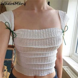 Women's Tanks Camis WhereMery Y2K Cute Bow Lace Up Crop Top Aesthetic Texture Square-neck Sleeveless T Shirt 2023 Summer Women Streetwear Slim Tees Y240403