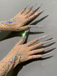 Stage Wear Shining Coloured Rhinestones Transparent Mesh Sexy Long Gloves Dancer Singer Nightclub Dance Po Shoot