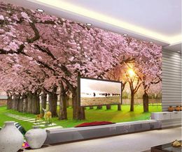 Wallpapers 3d Customised Wallpaper Cherry Blossom Avenue Grass Fresco TV Backdrop Wall Home Decoration