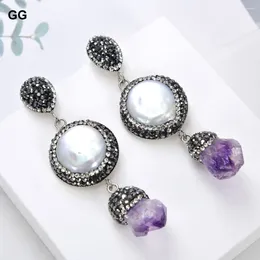Dangle Earrings GuaiGuai Jewellery Natural White Coin Pearl Purple Amethyst Gems Stone Rough Black CZ Marcasite