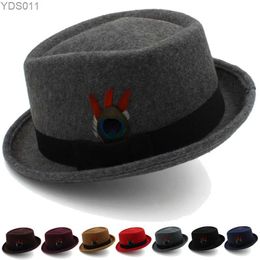 Wide Brim Hats Bucket Mens Womens Diamond Top Pork Pie Hat Fedora Sunhat Trilby Feather Band Jazz Party Outdoor Travel Winter Size USA 7 1/4 UK L yq240403