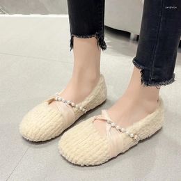 Casual Shoes Woman Shoe Pearl Decorateion Round Toe Female Footwear Bow-Knot Loafers Fur Autumn Slip-on Beading Comfortable